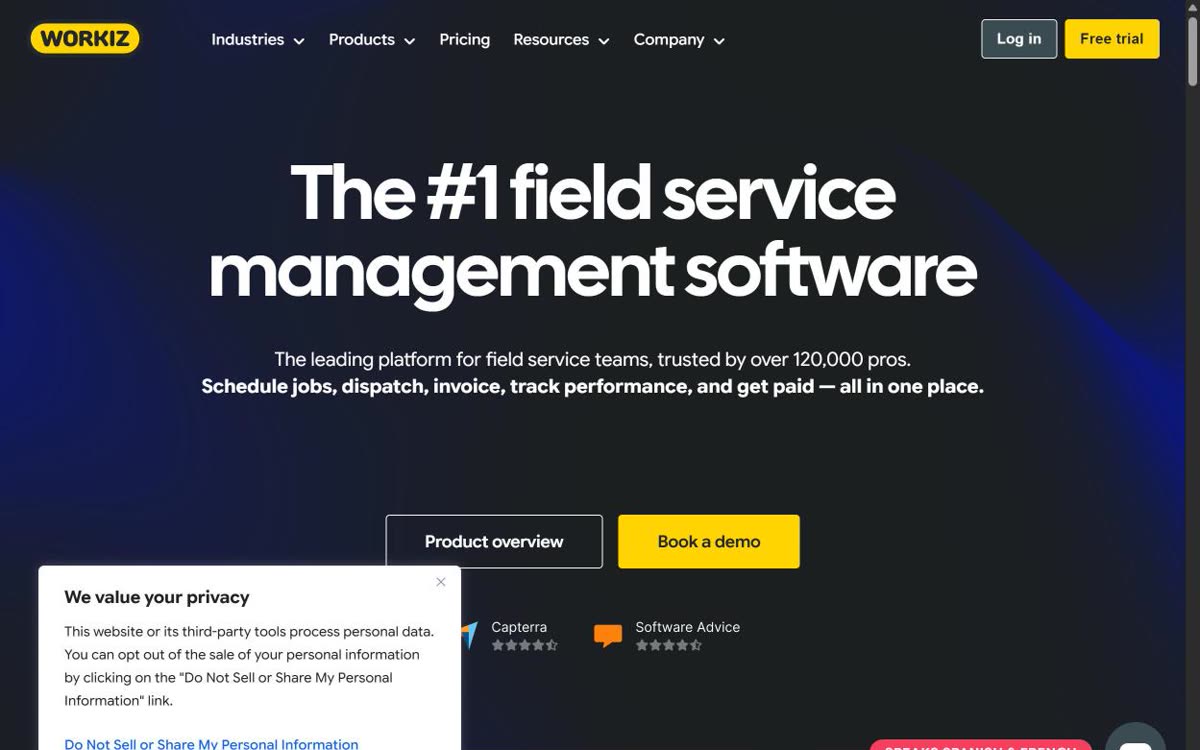 Screenshot of the Workiz website